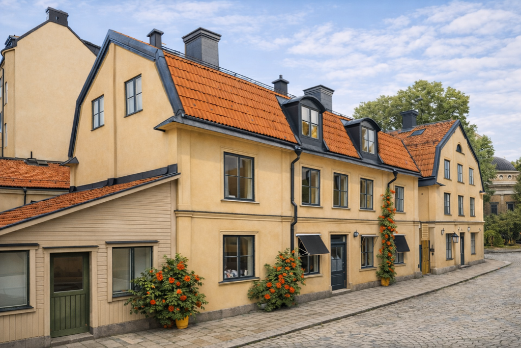 Historiska gula trähus vid Övre Slottsgatan i centrala Uppsala